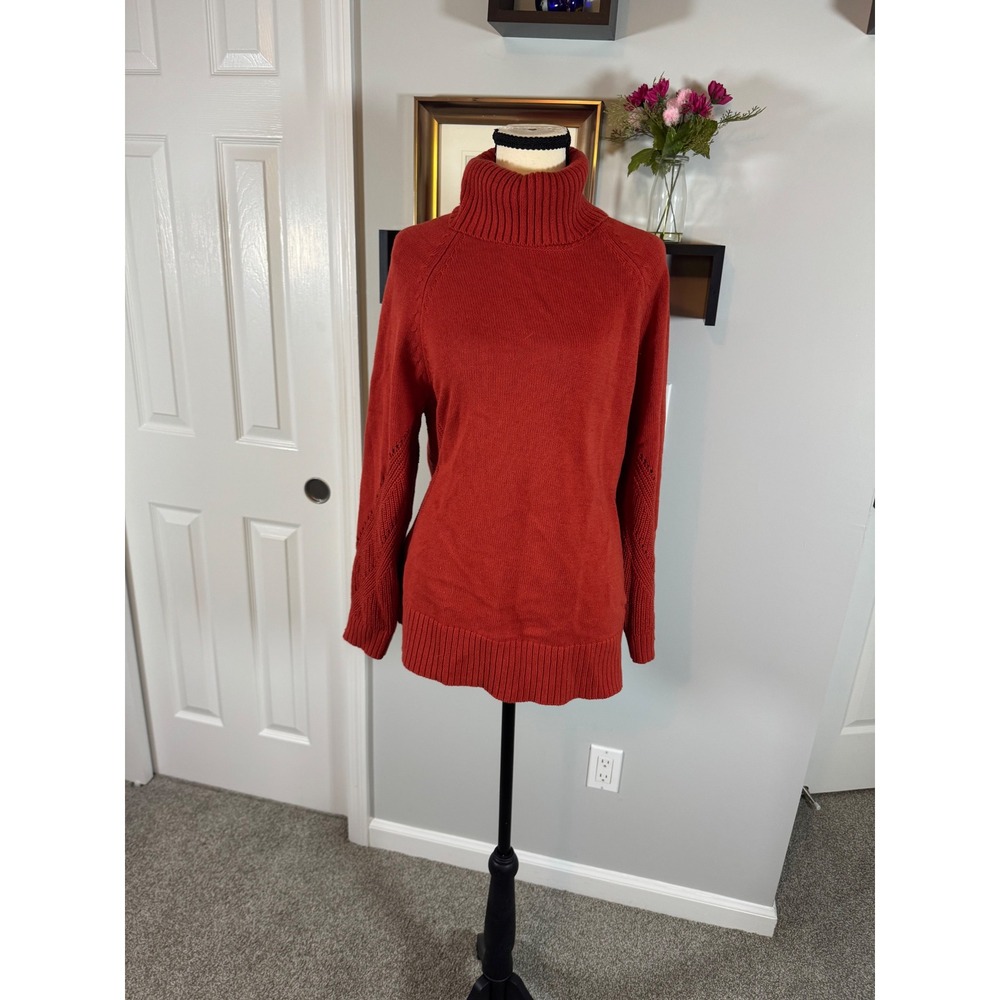 Isaac Mizrahi Live Womens Medium Rust Red Turtleneck Knit Sweater Pointelle Trim